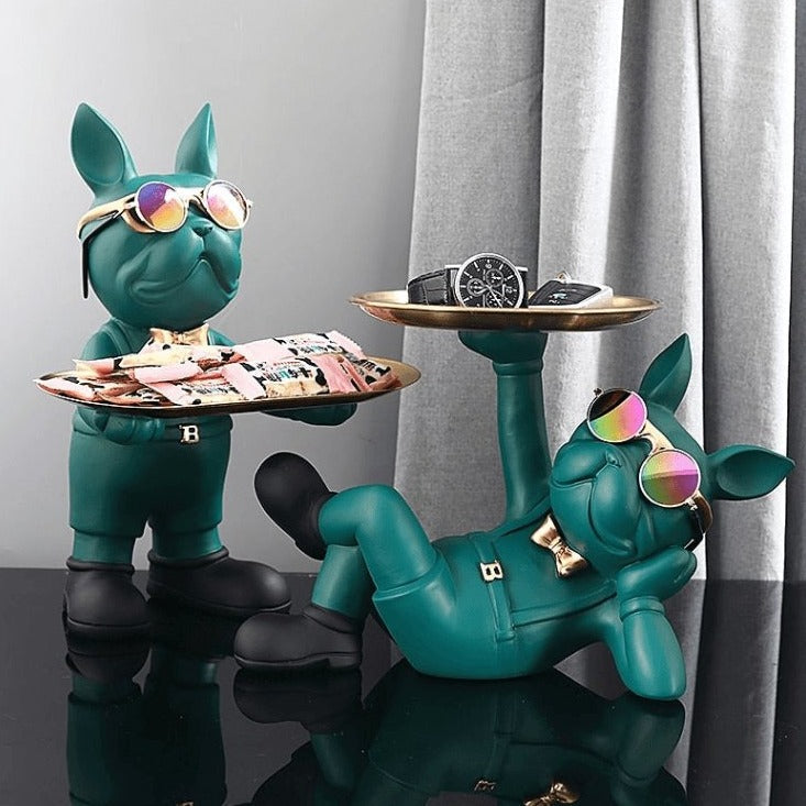 Franse Bulldog Butler Sculptuur met Dienblad – Decoratieve Hondenfiguur in Loungende of Staande Pose – Speelse Hondenliefhebber Woonaccessoire