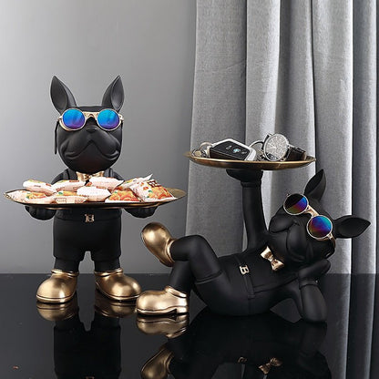 Franse Bulldog Butler Decoratief Beeld Staand Zwart Groen Hars Woonkamer Decoratieve Hondenfiguur Interieur