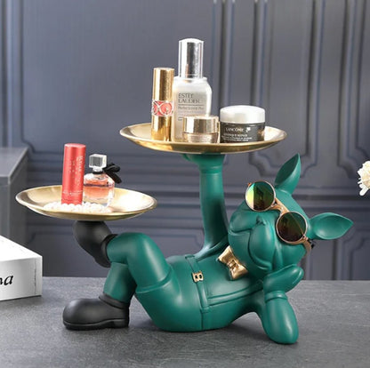 Franse Bulldog Butler Sculptuur met Dienblad – Decoratieve Hondenfiguur in Loungende of Staande Pose – Speelse Hondenliefhebber Woonaccessoire