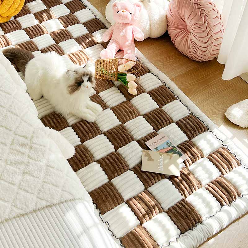 Pluche Huisdier Hondendeken Vierkant Geruit Diepe Slaapmat Bankbeschermer Kleed Crèmekleurig Hond Kat