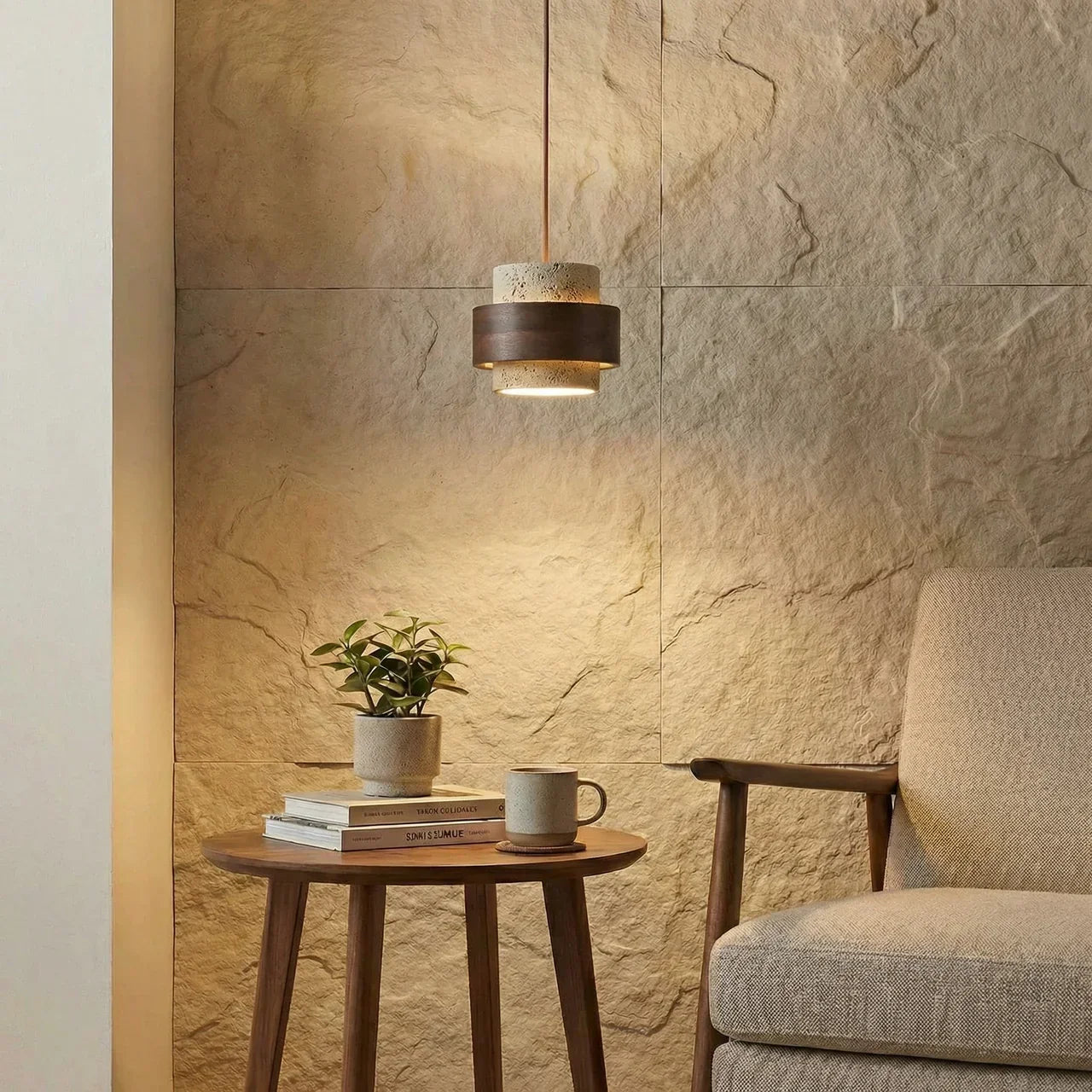 Houten Hanglamp met Travertijn Afwerking – Organische Lichtbron Eetkamer Woonkamer
