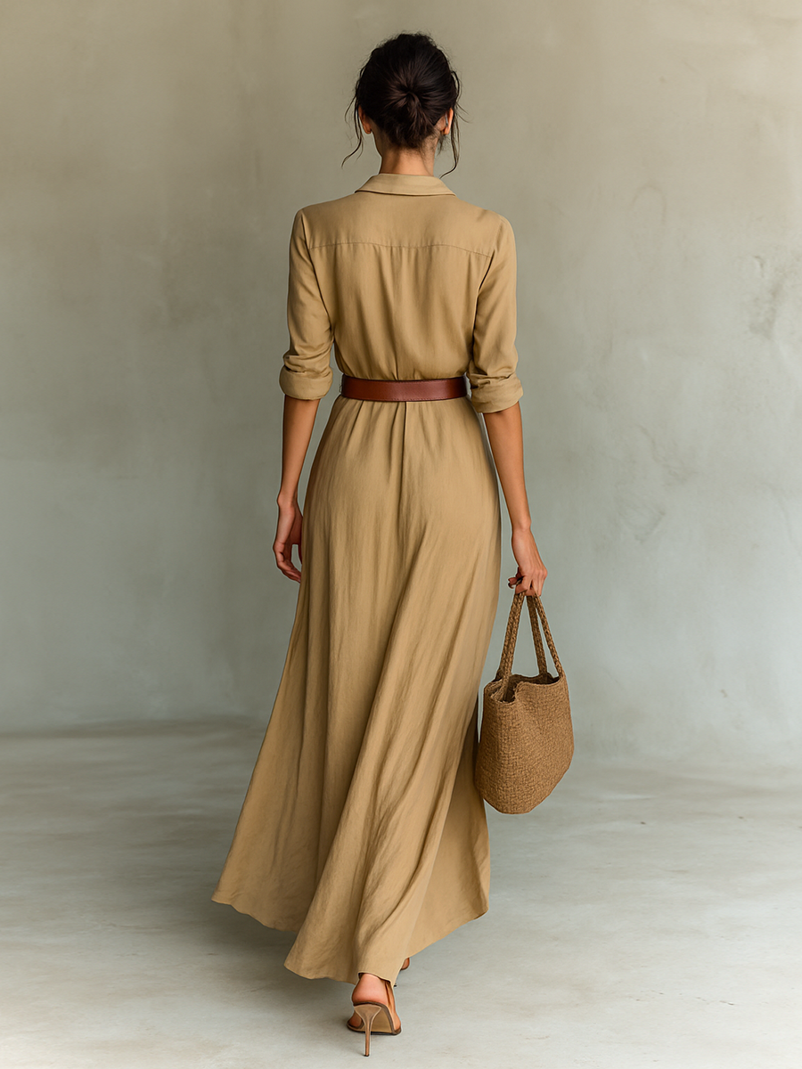 Dames Maxi-jurk Met Reverskraag Lange Mouwen