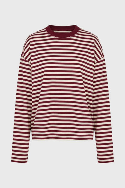 Gestreept Shirt Dames - Oversized met Lange Mouwen | Retro - Gestreept Bordeaux