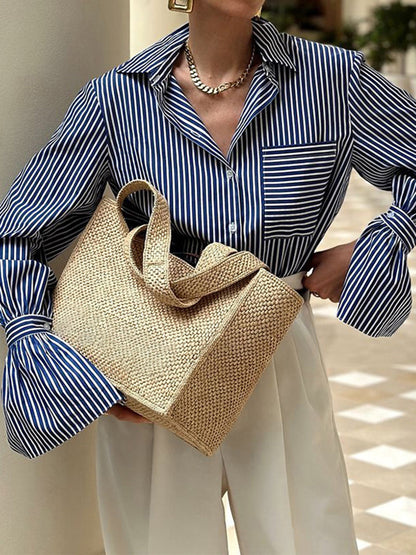 Dames Blouse Marineblauw Gestreept Wijd Mouwen - StudioMarella
