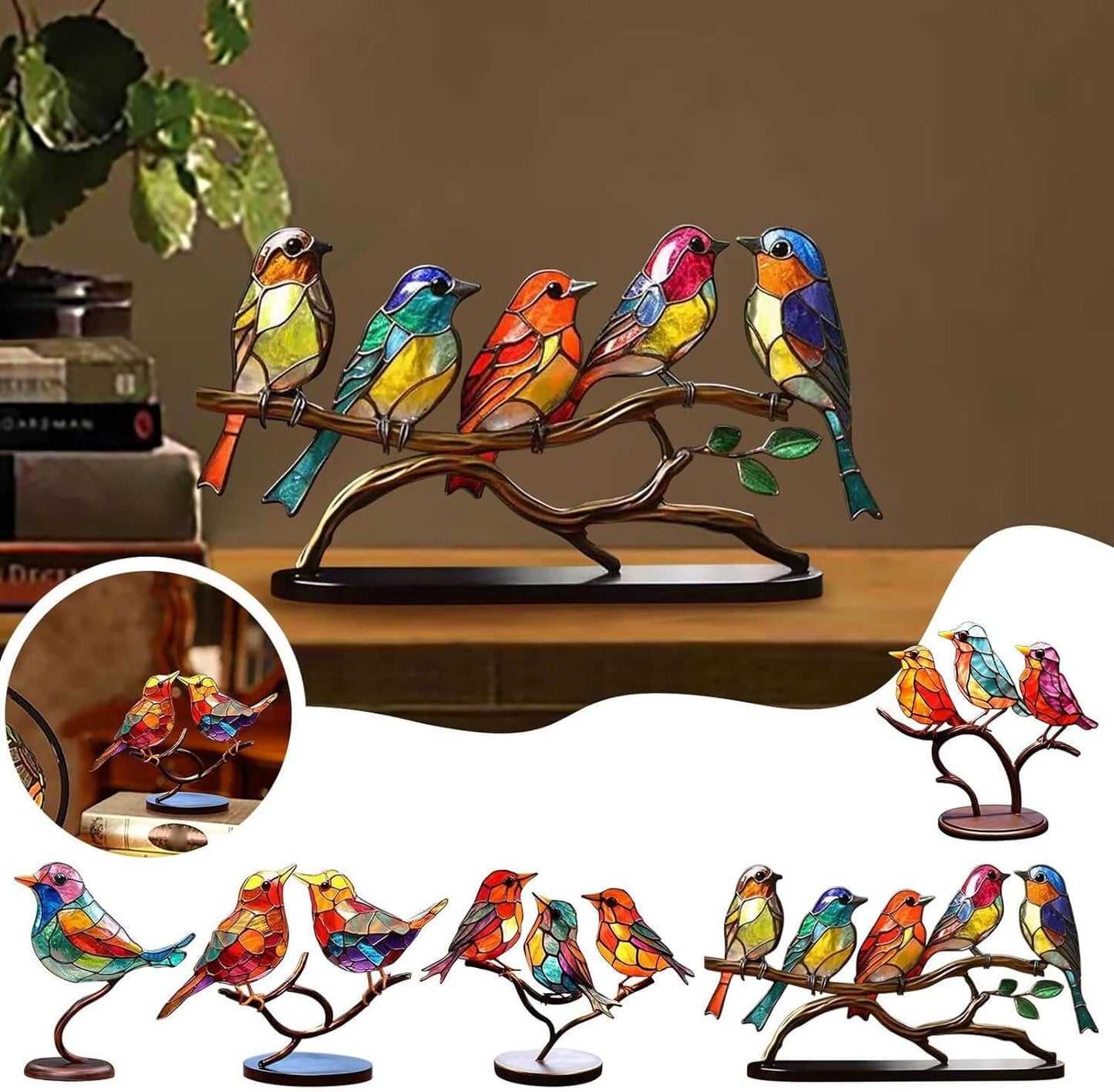 Glazen Vogelfiguren op Glazen Tak Decoratie – Set van 1, 2, 3 of 5 Vogels – Handgemaakte Sierlijke Tafeldecoratie met Gekleurde Glazen Vogeltjes – Interieurobject