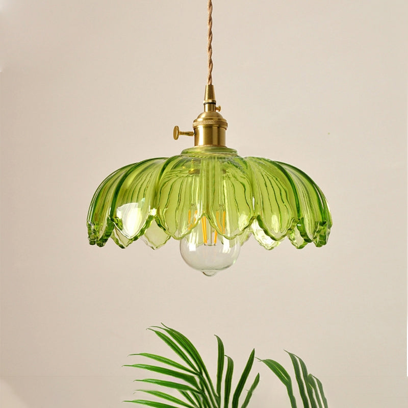 Hanglamp Glas Vintage Bloem Groen Koper 25cm Pendellamp Retro Woonkamer Eetkamer Romantisch