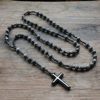 Natuursteen Rozenkrans Ketting met Kruis Hanger voor Mannen Zwart Blauw Groen Grijs