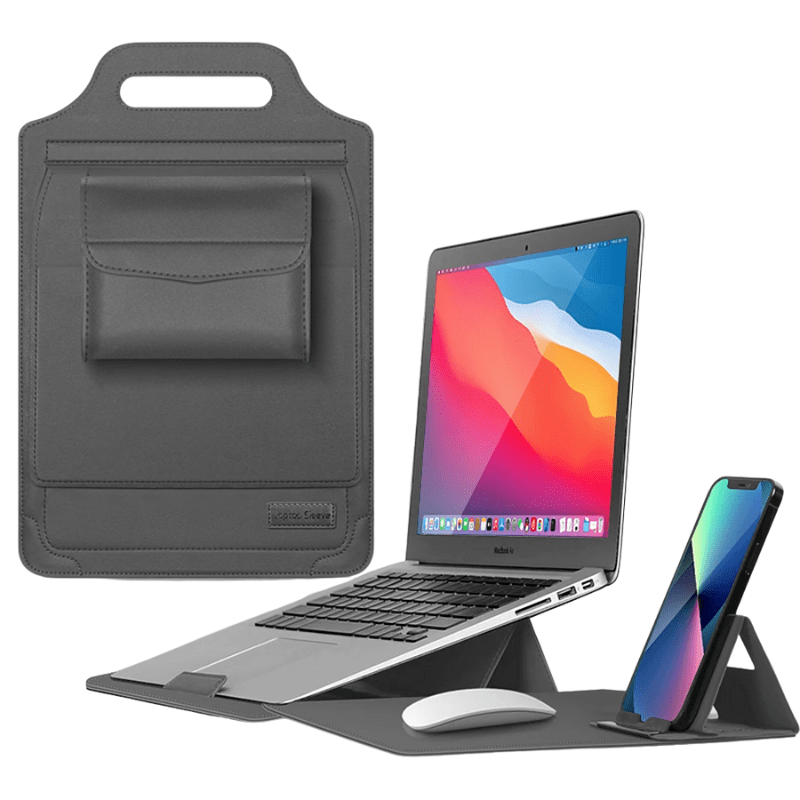 Luxe Laptop Sleeve met Verstelbare Standaard | Ergonomisch PU-Leer Werkstation voor 11-15.6 Inch | Mobiele Kantooroplossing