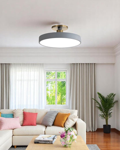 Moderne ronde plafondlamp met goud detail en acryl diffuser – minimalistische semi flush design verlichting voor woonkamer en slaapkamer