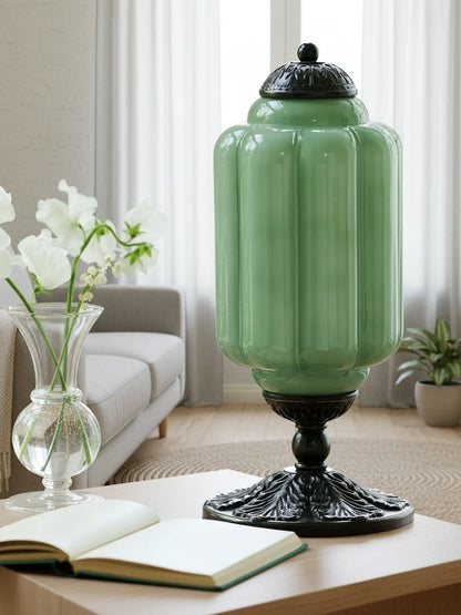 Vintage Glazen Tafellamp met Messing of Zwarte Afwerking
