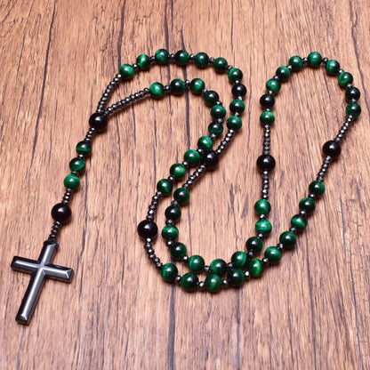 Natuursteen Rozenkrans Ketting met Kruis Hanger voor Mannen Zwart Blauw Groen Grijs