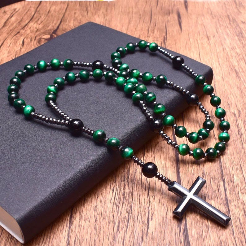 Natuursteen Rozenkrans Ketting met Kruis Hanger voor Mannen Zwart Blauw Groen Grijs