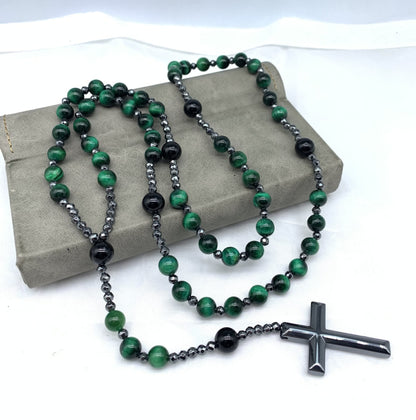 Natuursteen Rozenkrans Ketting met Kruis Hanger voor Mannen Zwart Blauw Groen Grijs