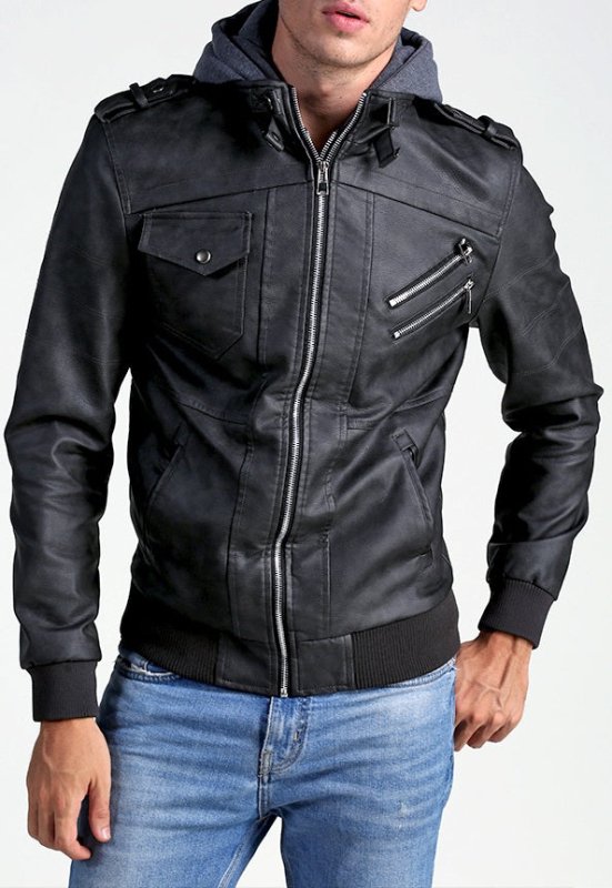 Leren Jas Heren Met Afneembare Capuchon en Quilt Details