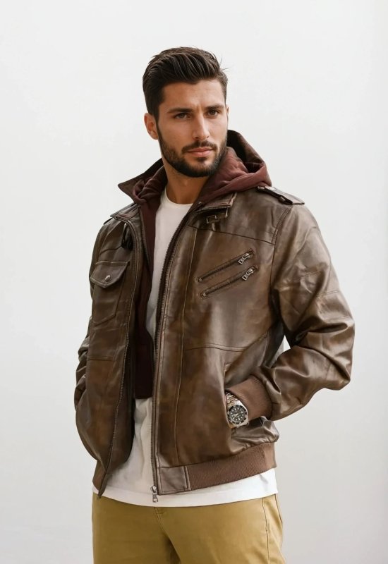Leren Jas Heren Met Afneembare Capuchon en Quilt Details