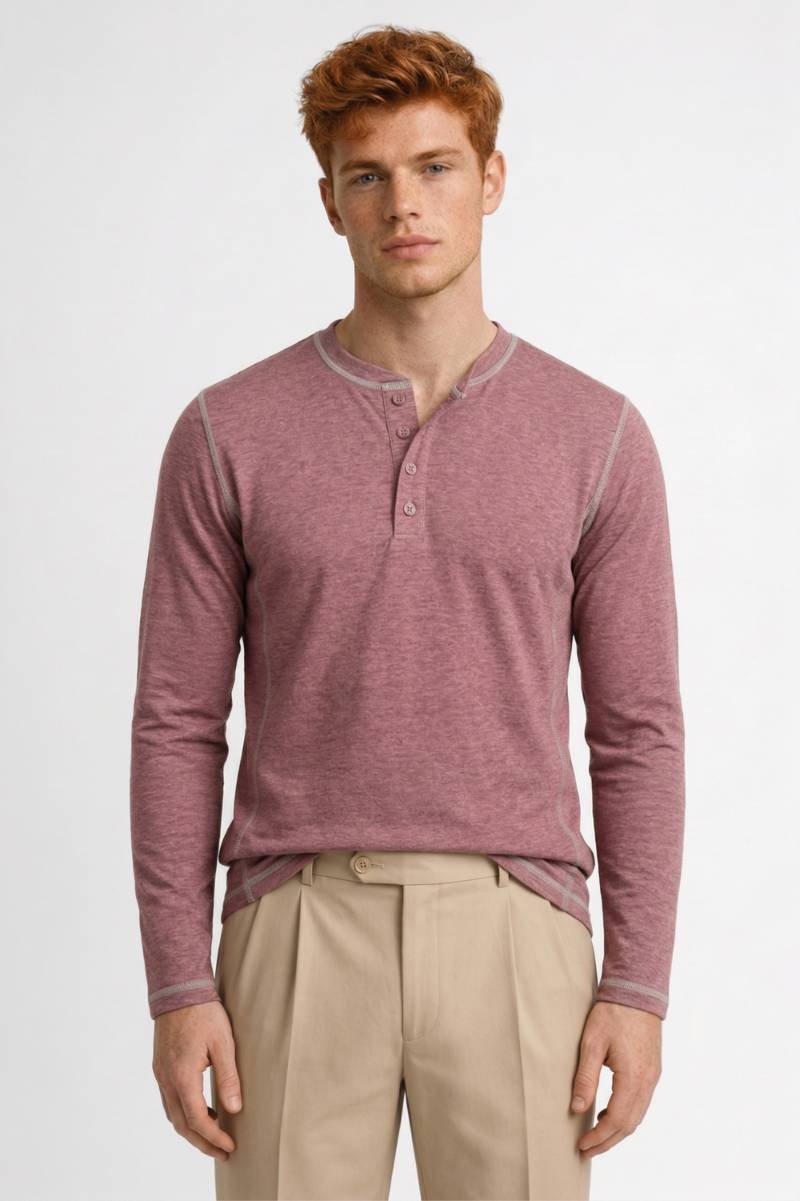 Henley Shirt Heren - Casual met Knoopsluiting | Lange Mouw - Oudroze