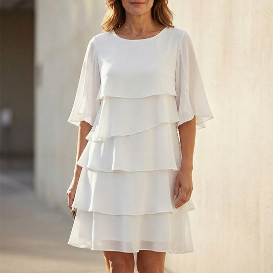 Gelaagde Ruffle Jurk voor Vrouwen – Vloeiende Chiffon met Vleugelmouwen & 4 Lagen