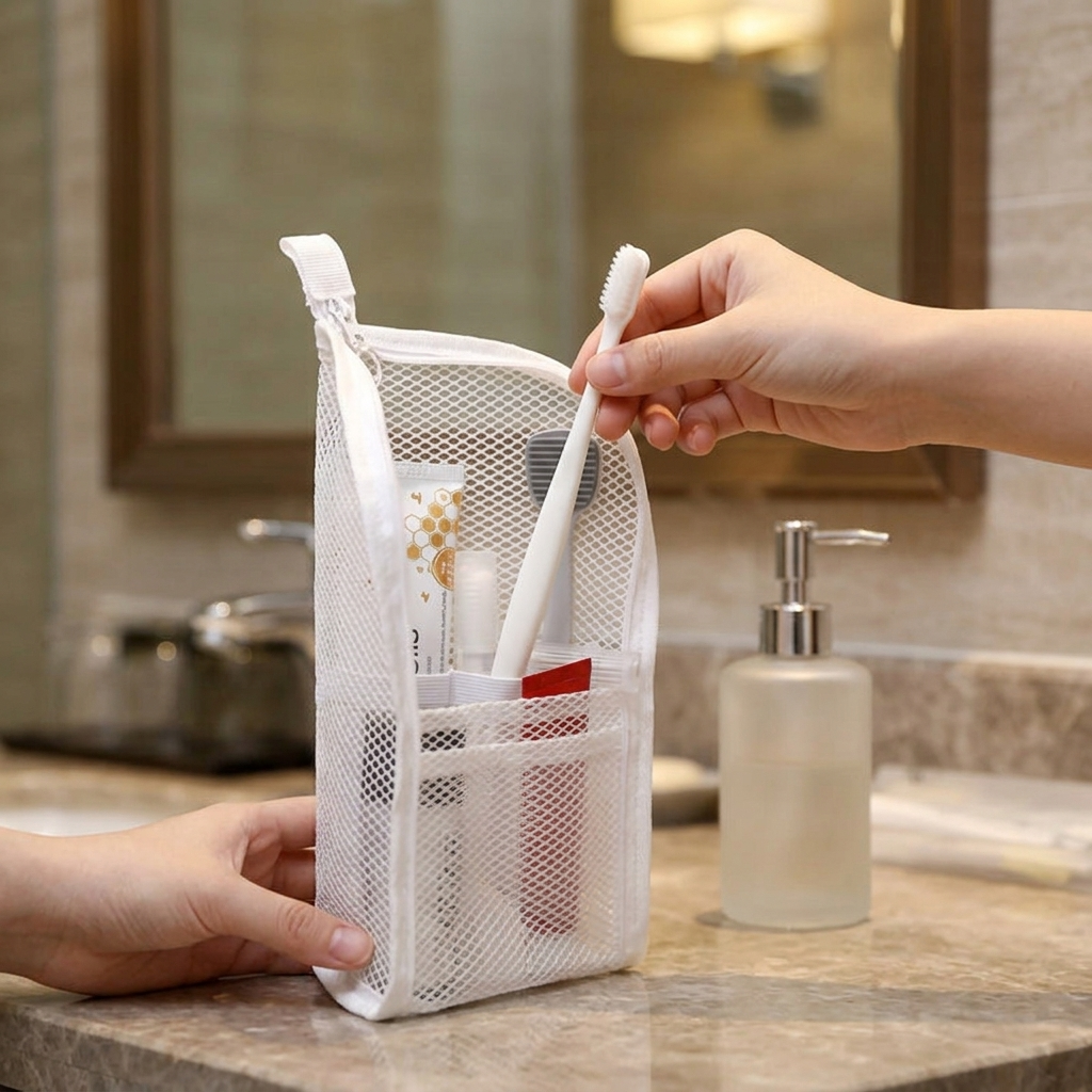 Staande Reistoilettas – Zelfstandige Travel Organizer met Verdelers voor Tandenborstel, Tandpasta en Accessoires