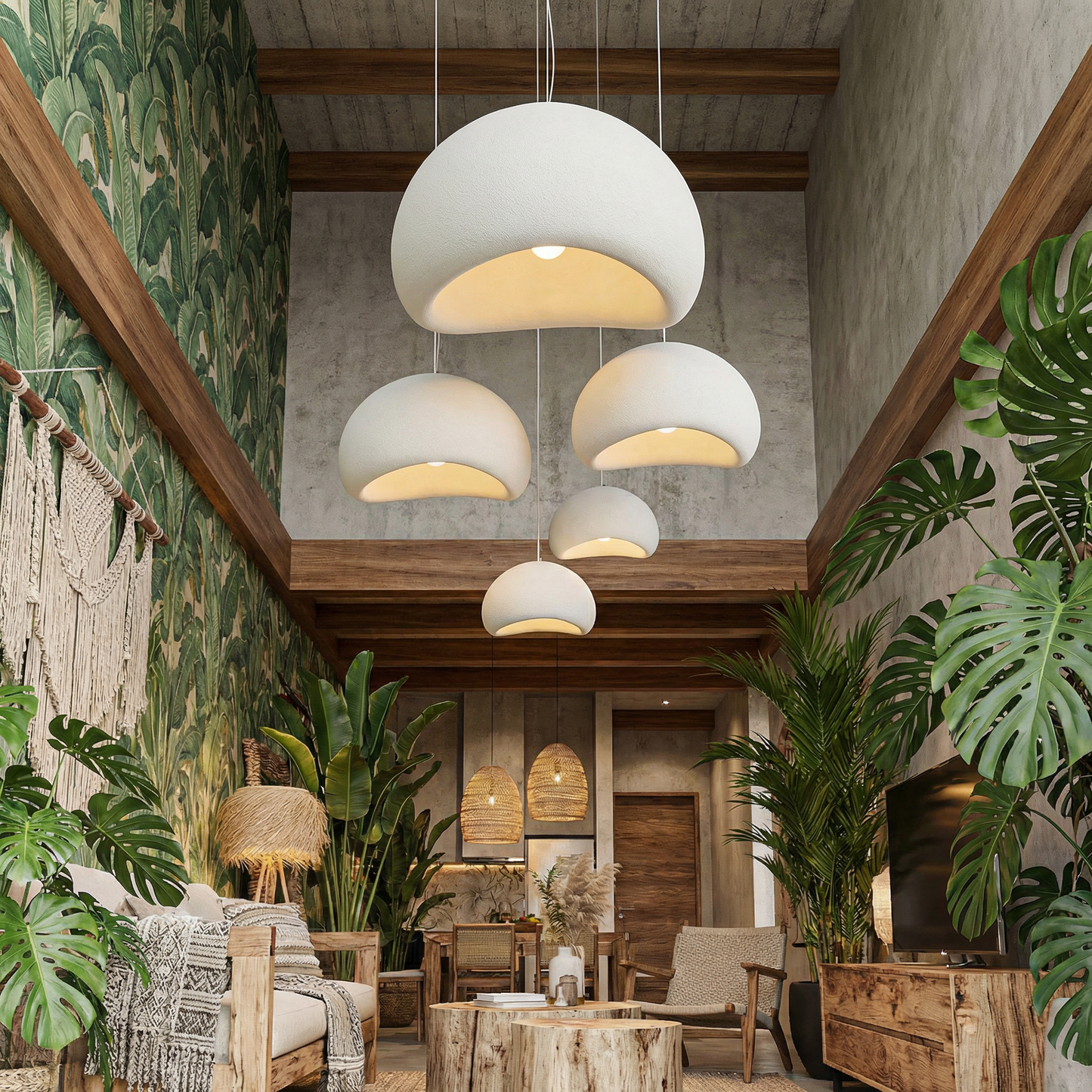 Minimalistische Hanglamp met Natuurlijke Textuur en Warm Sfeerlicht voor Eetkamer en Woonkamer