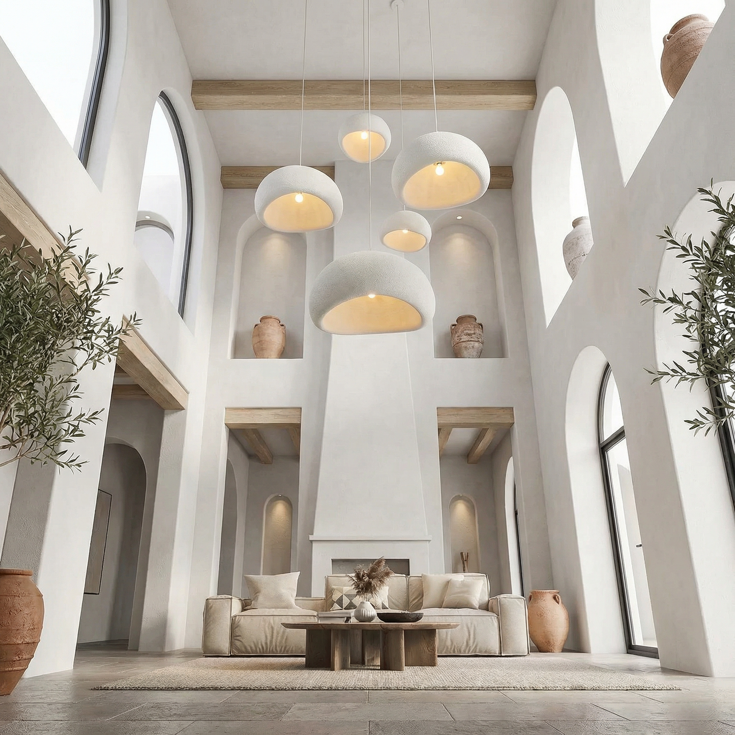Minimalistische Hanglamp met Natuurlijke Textuur en Warm Sfeerlicht voor Eetkamer en Woonkamer