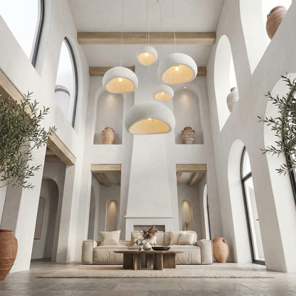 Minimalistische Hanglamp met Natuurlijke Textuur en Warm Sfeerlicht voor Eetkamer en Woonkamer