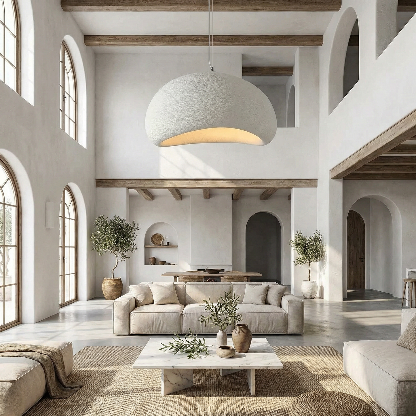Minimalistische Hanglamp met Natuurlijke Textuur en Warm Sfeerlicht voor Eetkamer en Woonkamer