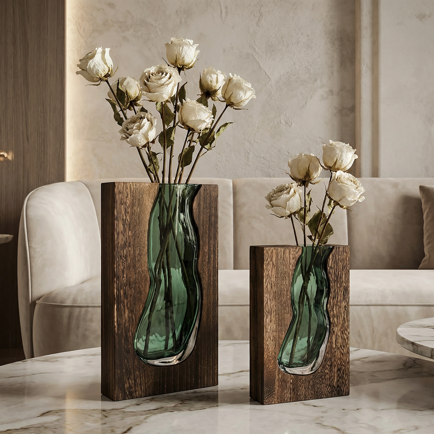 Glazen vaas met natuurlijke houtrand live edge stijl Scandinavisch design decoratief voor bloemen