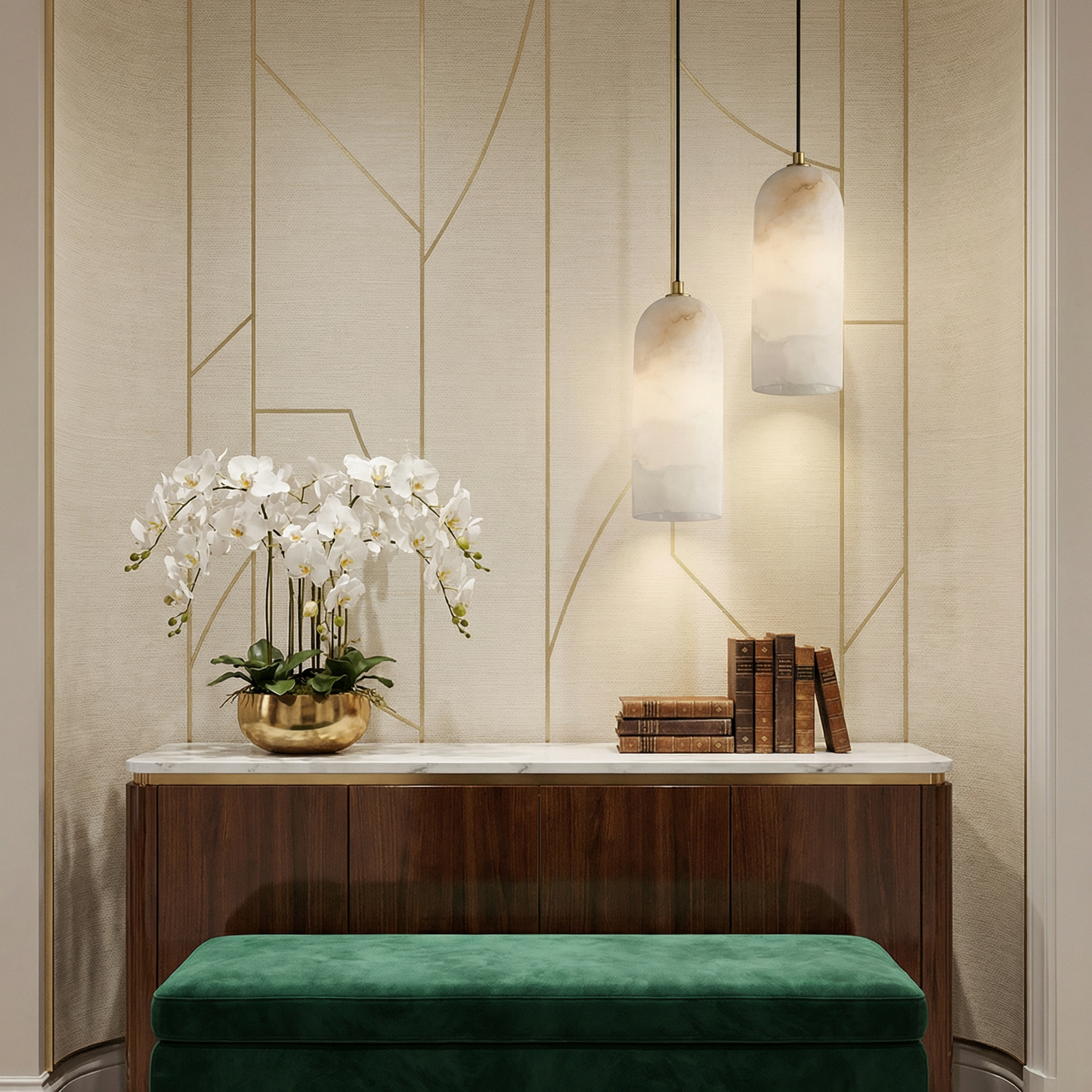 Marmeren Hanglamp met Koperen Afwerking – Moderne Scandinavische Verlichting