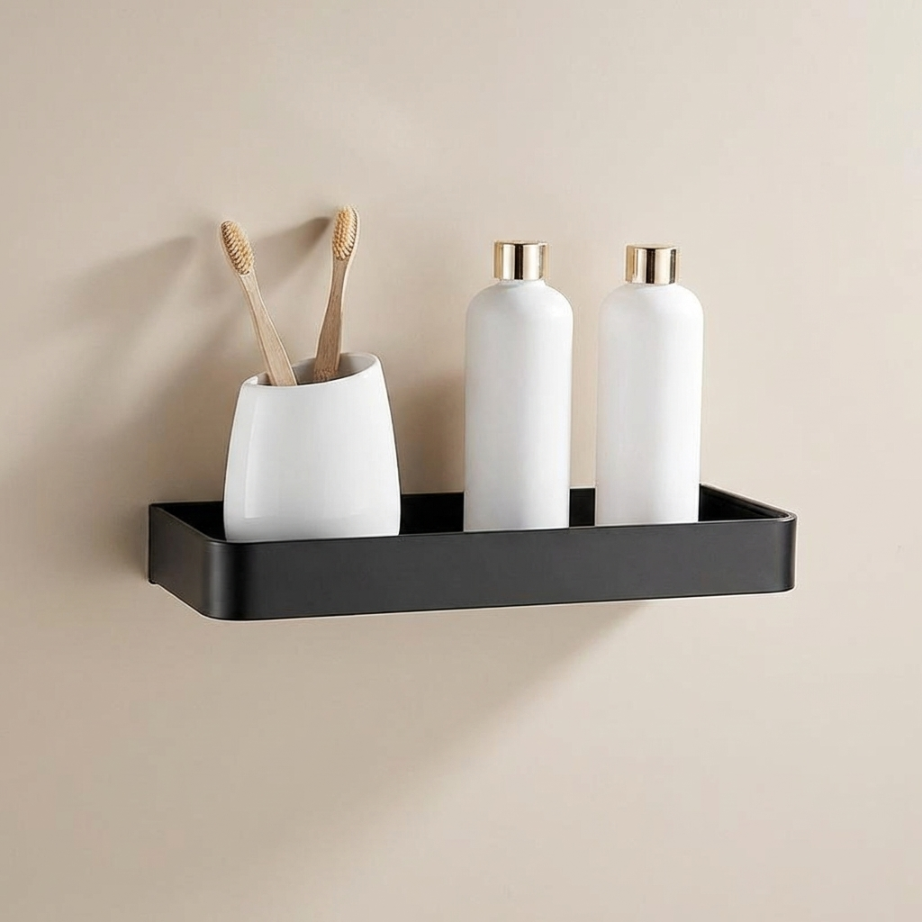 Aluminium Wandrek Mat Zwart 30-60cm met Bevestigingsopties – Multifunctionele Opbergruimte voor Badkamer en Douchezone