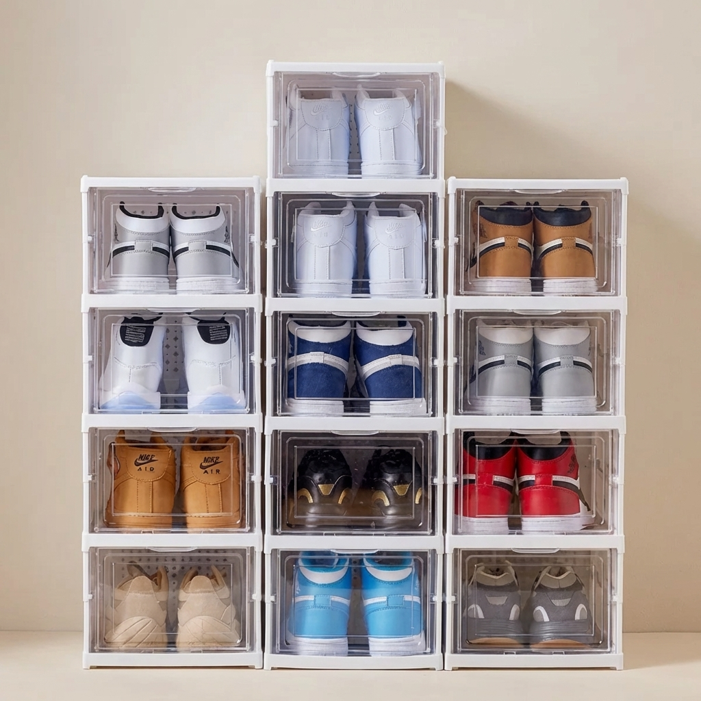 Opvouwbaar Schoenenrek 3 Lagen Wit Kunststof met Transparante Deur Platbesparend Stapelbaar Organizer Kastje 25,5×34,5×52,5cm Modulair Opbergsysteem