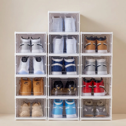 Opvouwbaar Schoenenrek 3 Lagen Wit Kunststof met Transparante Deur Platbesparend Stapelbaar Organizer Kastje 25,5×34,5×52,5cm Modulair Opbergsysteem