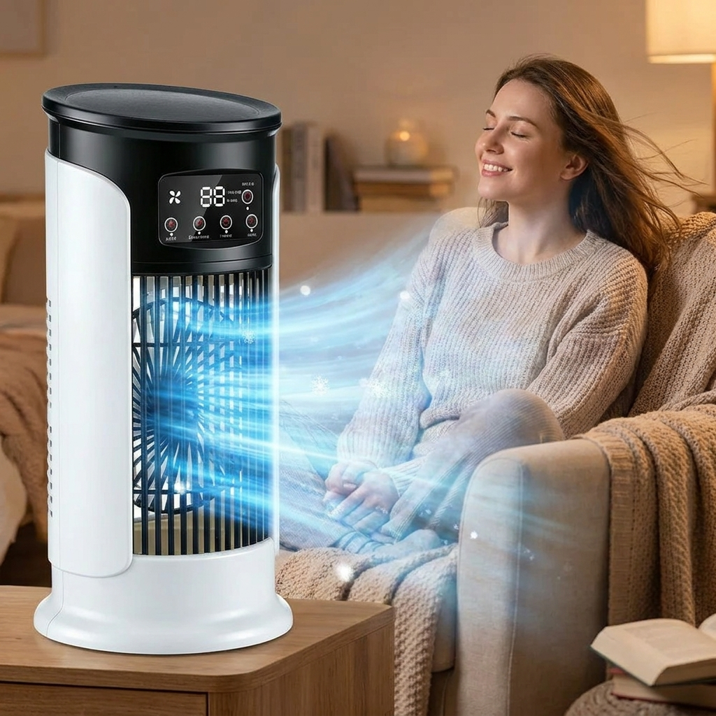 3-in-1 Torenventilator Aircoeler Stille Bediening 6 Snelheden Bevochtigingsfunctie LED Sfeerverlichting Compacte Ruimtekoeling Slaapkamer Kantoor Woonkamer