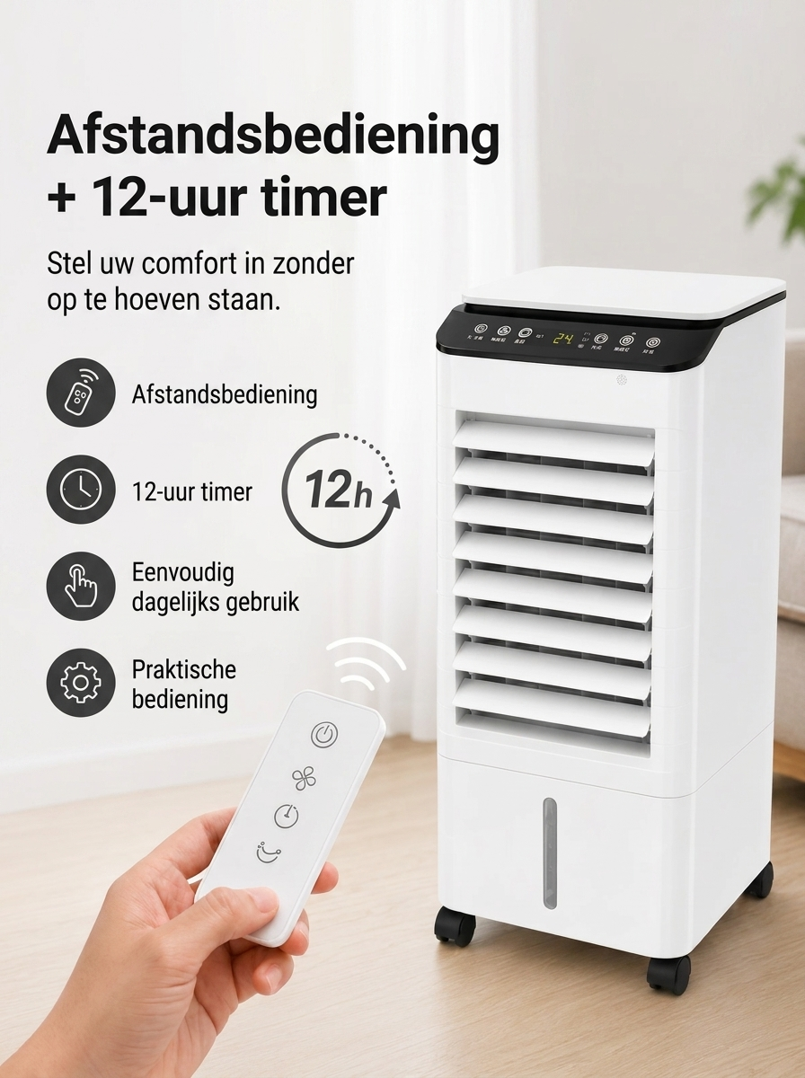 Draagbare Mobiele Aircooler 3-in-1 met 7L Watertank en Afstandsbediening – Energiezuinige Luchtbevochtiger met Timer voor Thuis en Kantoor