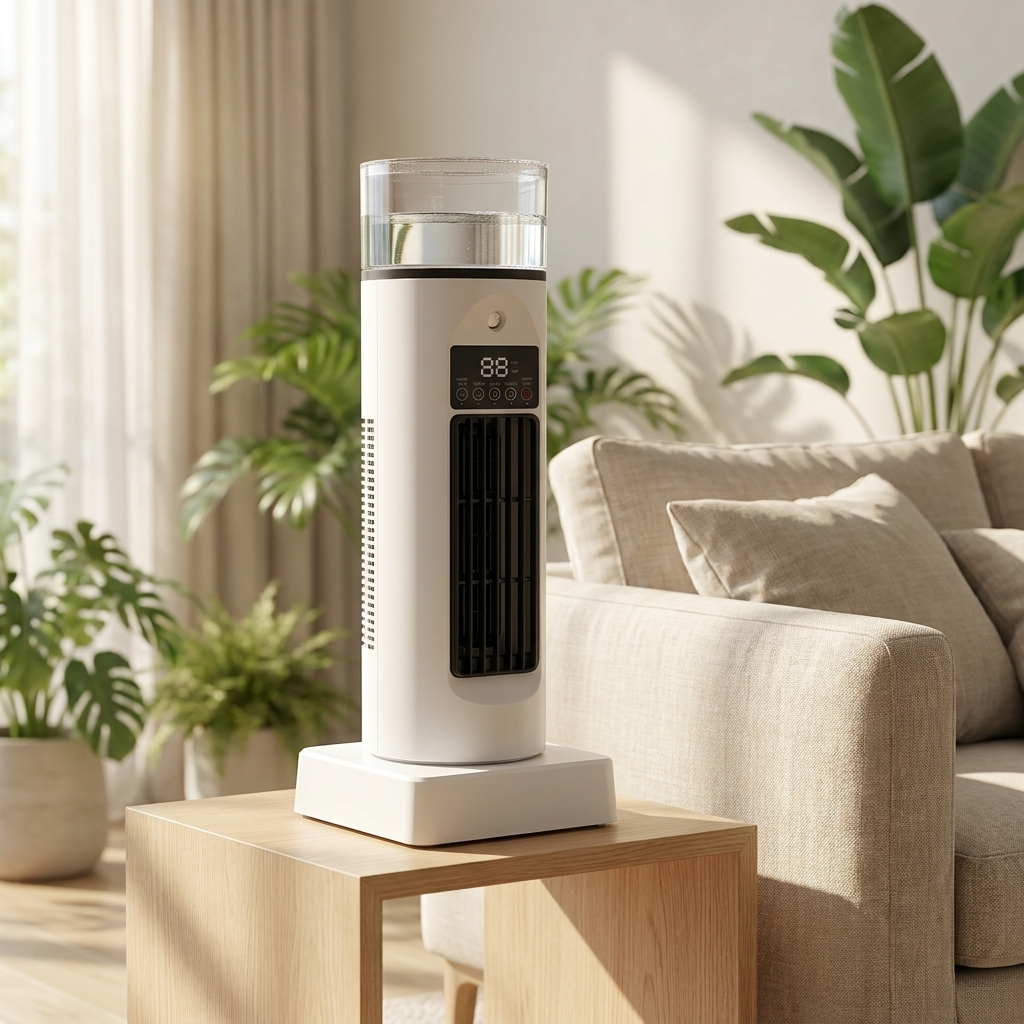 Compacte Bureaukoeler met Luchtbevochtiger 6 Snelheden USB-Ventilator Bladloos Torenmodel LED Kantoor