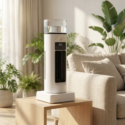 Compacte Bureaukoeler met Luchtbevochtiger 6 Snelheden USB-Ventilator Bladloos Torenmodel LED Kantoor