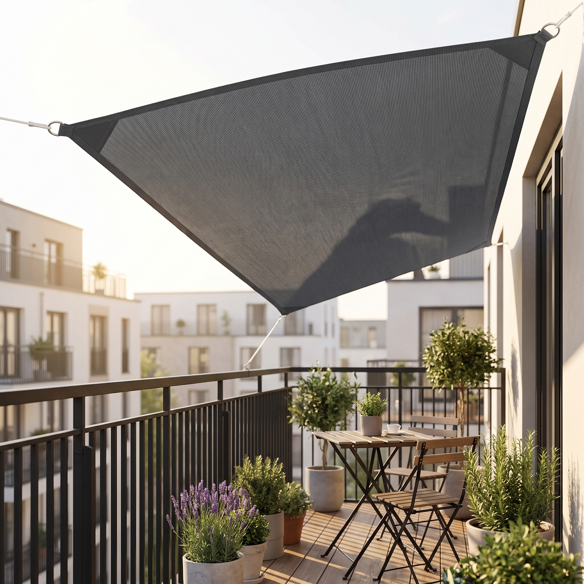 Waterdicht zonnedoek gespannen boven een klein stadsbalkon | Sansoti