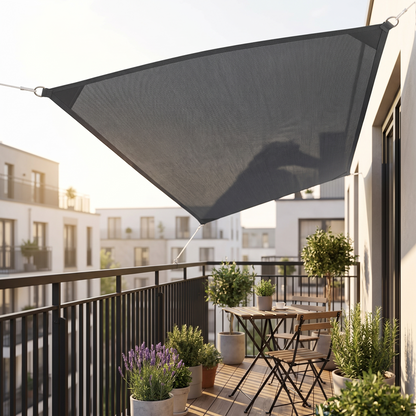 Waterdicht zonnedoek gespannen boven een klein stadsbalkon | Sansoti