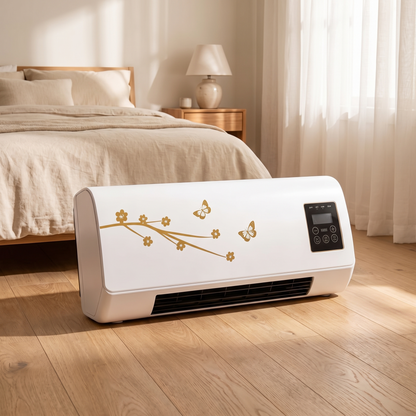 Mobiele airco in een slaapkamer naast het bed