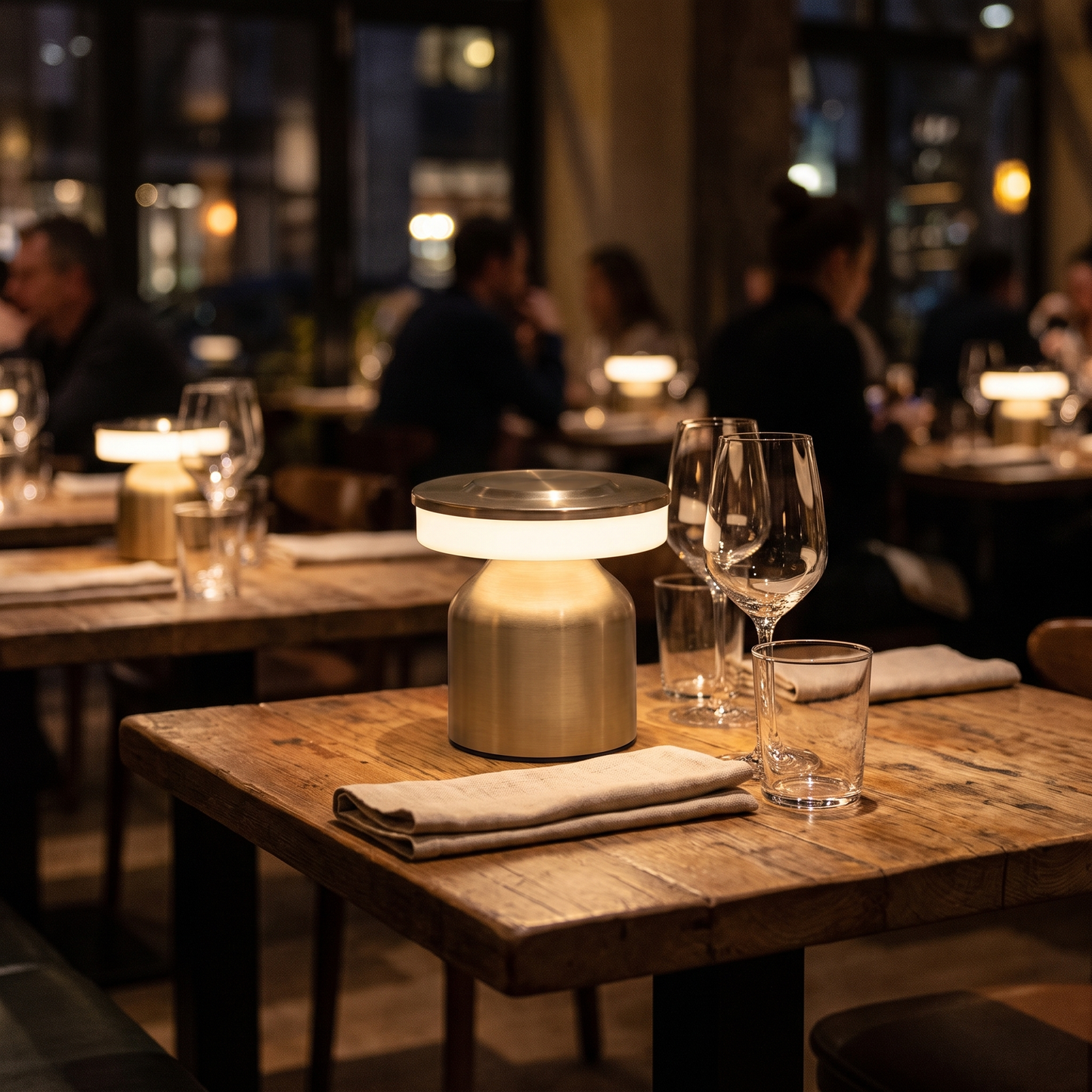 Oplaadbare tafellamp op een gedekte restauranttafel