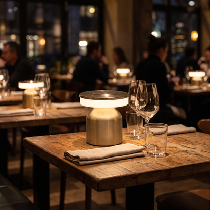 Oplaadbare tafellamp op een gedekte restauranttafel