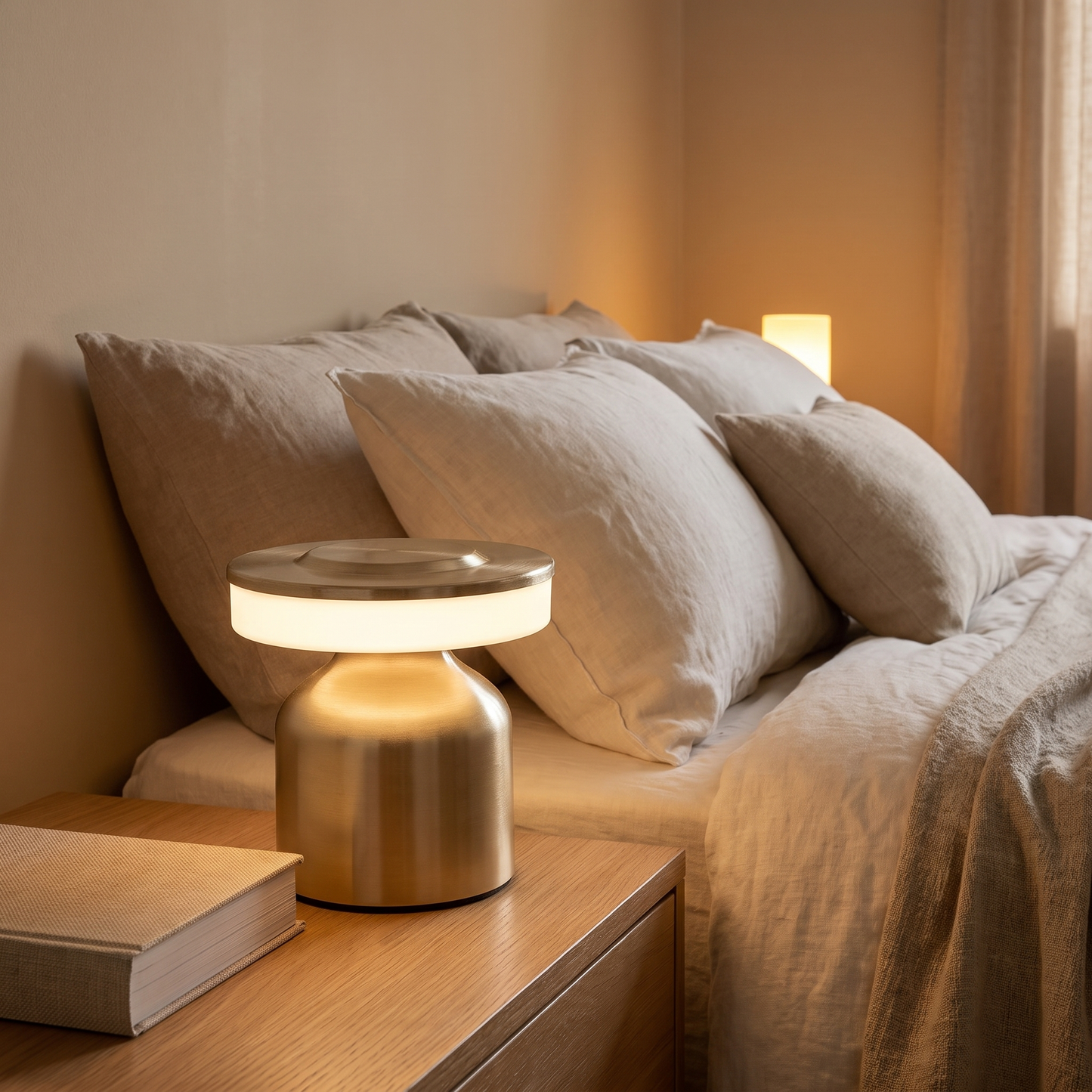 Draadloze nachtlamp op een nachtkastje naast een bed