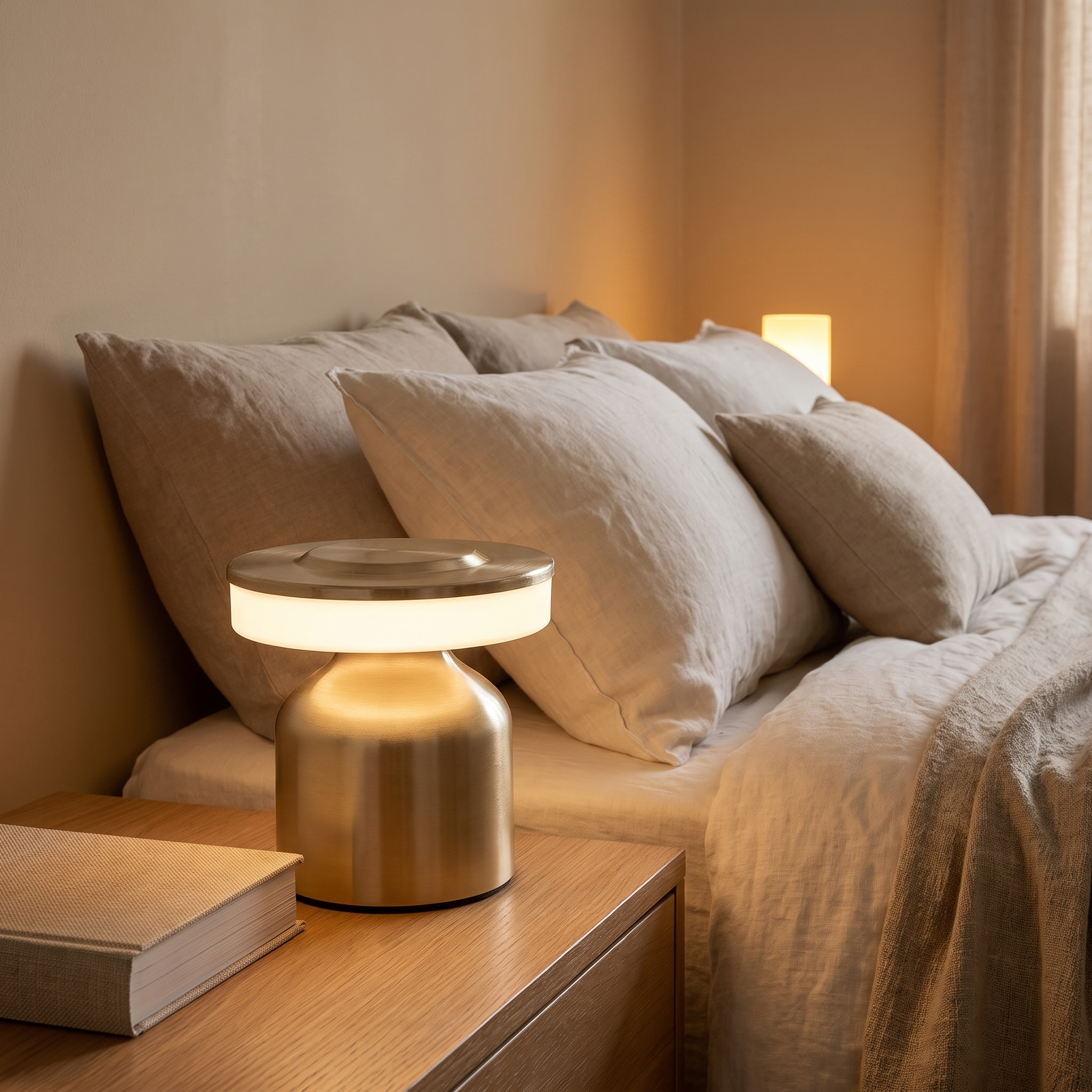 Draadloze nachtlamp op een nachtkastje naast een bed