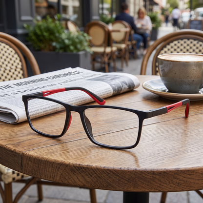Progressieve leesbril op een cafetafel naast een krant