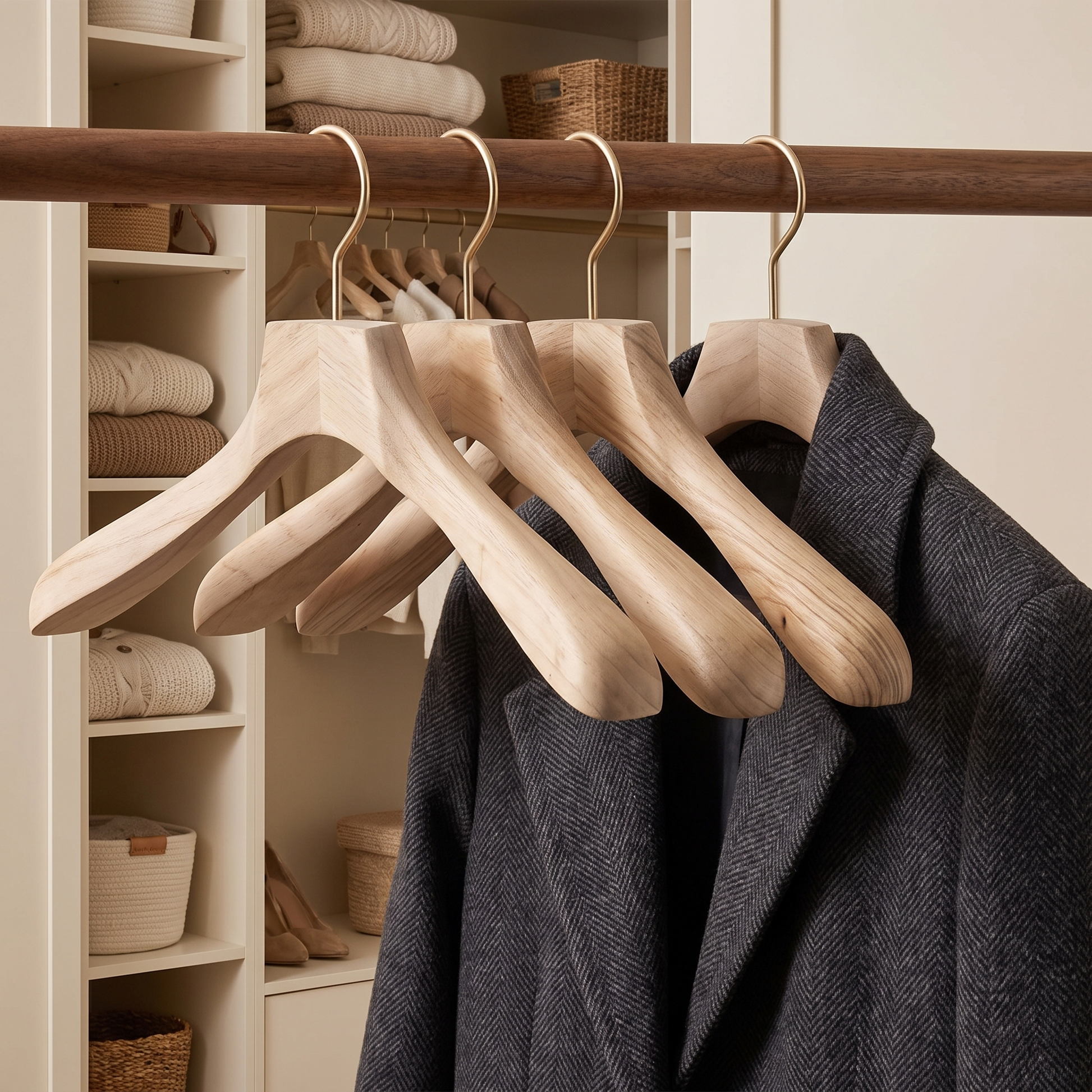 Houten jassenhanger met winterjas in de kast