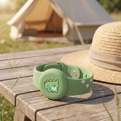 Siliconen AirTag houder met bandje op een picknicktafel bij een camping