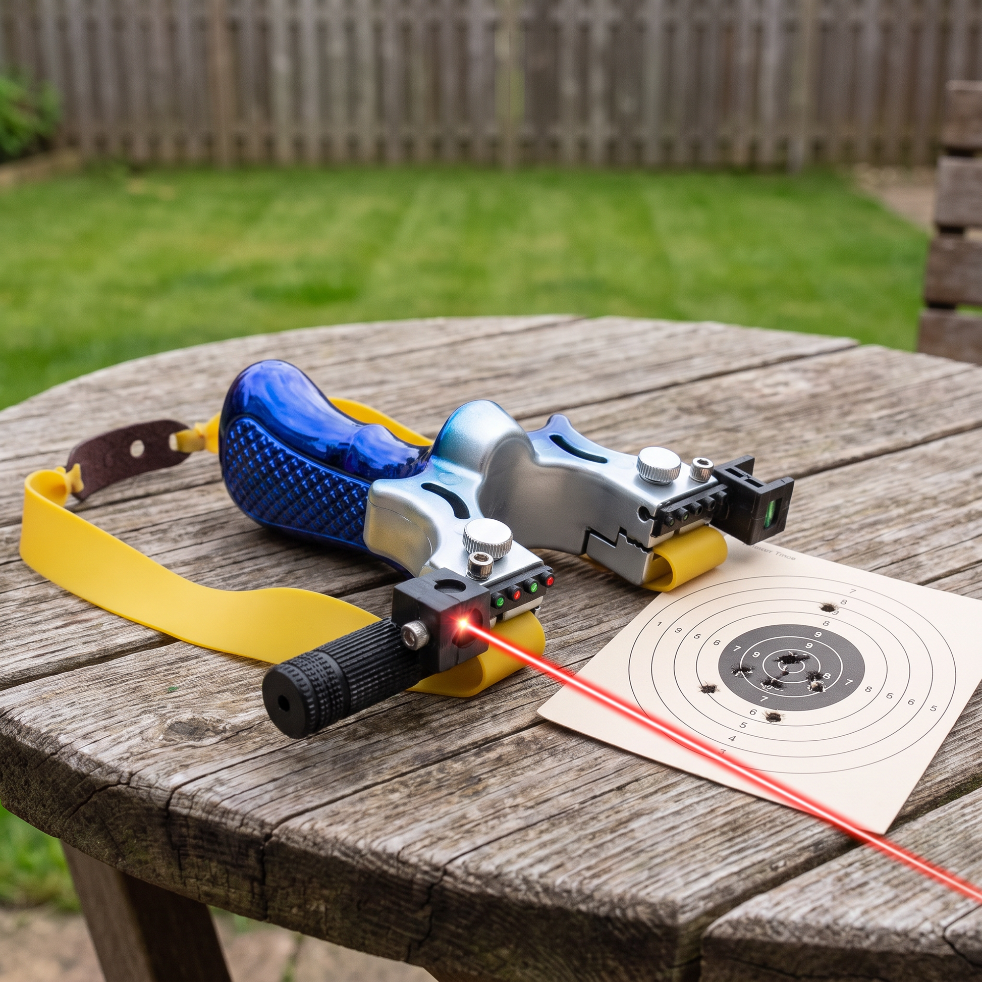 Metalen katapult met laserrichtpunt op een tuintafel naast een schietkaart