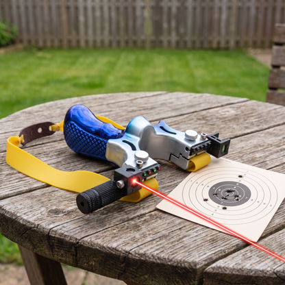 Metalen katapult met laserrichtpunt op een tuintafel naast een schietkaart