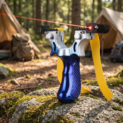 Metalen slingshot met laser op een rots bij een boskampeerplek