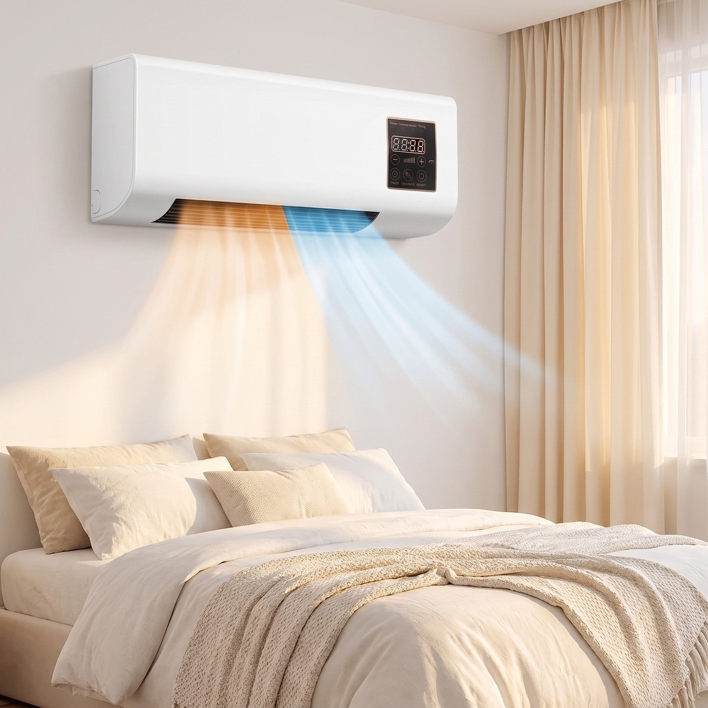 Witte wandairco boven een bed in een slaapkamer