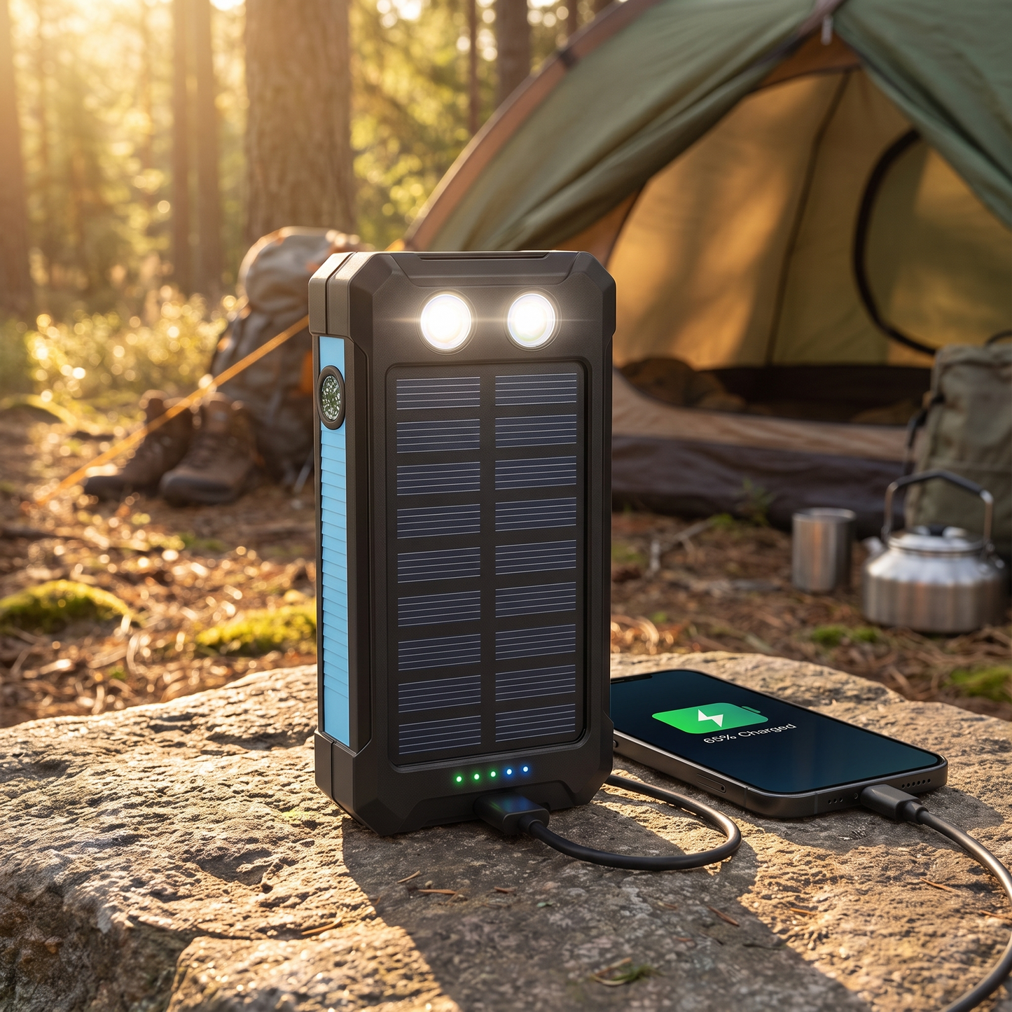 Solar powerbank camping 500000mAh waterdicht bij een tent